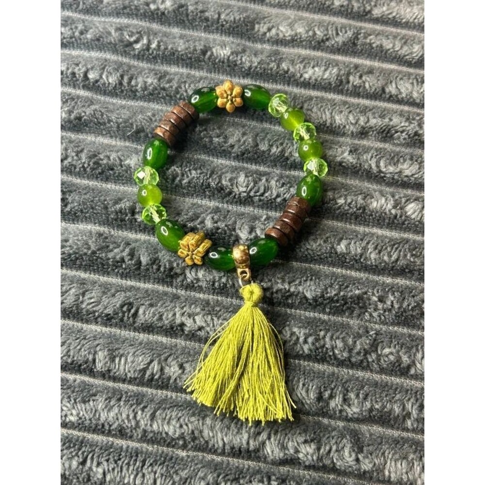 Green Beaded Stretch Bracelet Wood Rondelles Gold Flower Lime Tassel